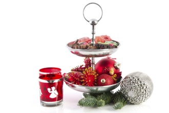 Christmas still life with silver tray chocolate and ornaments