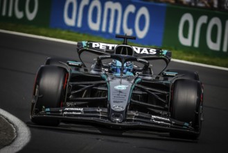 George Russell of Great Britain drives the Mercedes AMG Petronas F1 Team W16 during third practice