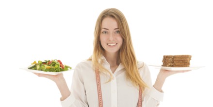 Woman with diet of fresh vegetables salad and bread