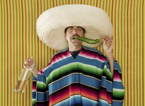 Mexican mustache chili drunk tequila sombrero man typical Mexico