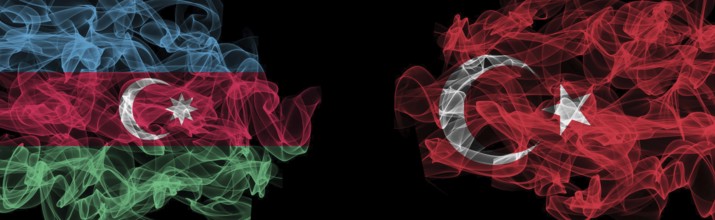 Flags of Azerbaijan and Turkey on Black background, Azerbaijan vs Turkey Smoke Flags