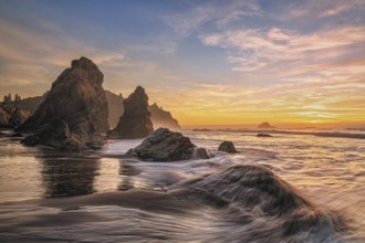 A colorful seascape image taken at sunset. Humboldt County, California, USA, North America