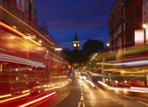 London Big Ben from Trafalgar Square traffic lights at sunset