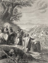 Jesus riding a donkey to Jerusalem, New Testament, steel engraving 1853, digitally restored