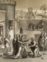 Judas Iscariot before Pontius Pilate, New Testament, steel engraving 1853, digitally restored