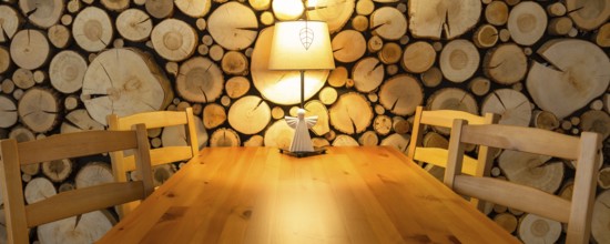 Christmas banner, living room interior table in wooden house, room decoration, lamp and angel