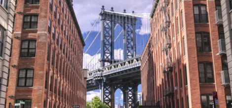The Manhattan Bridge from Dumbo, Brooklyin, New York on a sunny day