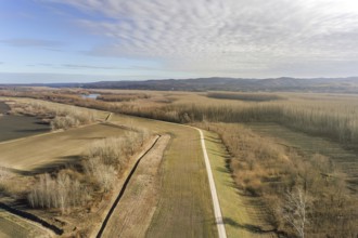 Aerial view the river on Autumn forest plain