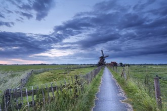 Dutch farmland with windmill in morning, Netherlands