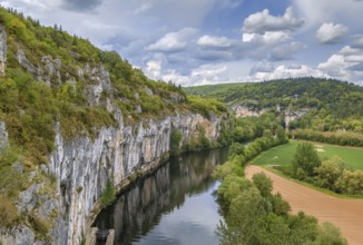 Landscape with rocky shore of Lot river, France, Europe