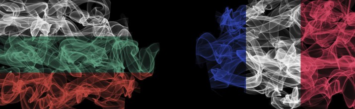 Flags of Bulgaria and France on Black background, Bulgaria vs France Smoke Flags