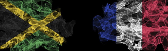Flags of Jamaica and France on Black background, Jamaica vs France Smoke Flags