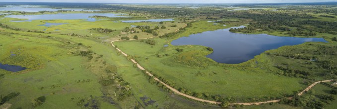 Panorama areal view of green rural landscape with lakes near Mompos, Colombia, South America