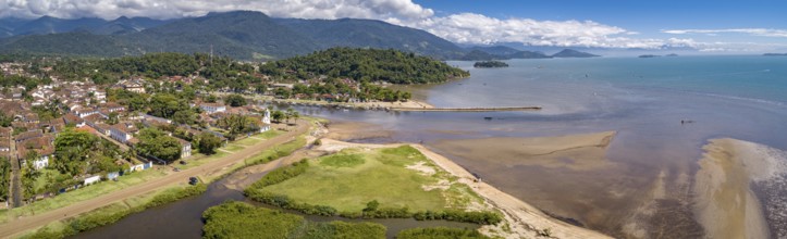 Panoramic aerial view to historic town Paraty, tidal river and Jabaquara with green mountains in