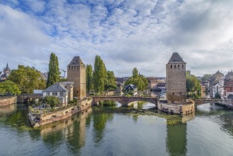 View of medieval bridge Ponts Couverts from the Barrage Vauban in Strasbourg, France, Europe