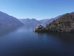 Aerial view of Villa Balbianello peninsula on Lake Como