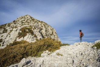 Hiker ascending Puig Galatzo, dry stone path, GR221, Calvia, Natural area of the Serra de
