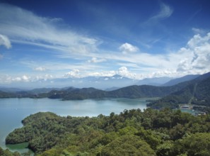 A view of the beautiful Sun Moon Lake in Taiwan with the Central Mountains in the back