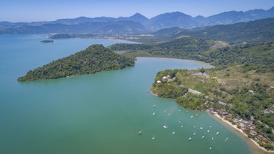 Panoramic aerial view of the coast near Tarituba with wonderful bays, islands, green mountains and