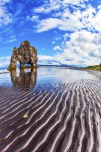 Rock Hvitserkur in the form of a huge mammoth on the sea beach. The north coast of Iceland. The