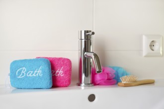 Bathroom with blue and pink sponges on sink