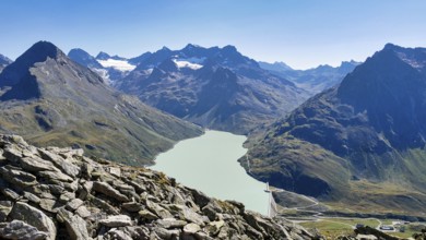 Mountain panorama at the Silvretta reservoir with Hohem Rad, Piz Buin and many other mountain peaks