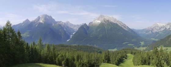 Panoramic view from HirscheckKaser to Watzmann, Hochkalter, Reiteralpe and Hintersee