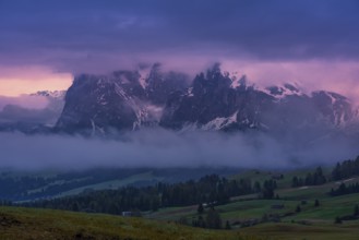 Panoramic view of the Langkofel Group from Seiser Alm in the Dolomites in South Tyrol, Italy,