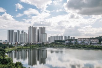 View of modern buildings and Gwanggyo Lake Park in Suwon, Korea