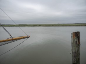 Wooden jetty and a single post jutting out into a vast, calm lake, zingst, baltic sea, germany