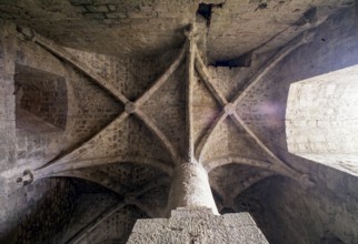 Queribus, Cathar castle Castèl de Querbús, vault in the pillared hall