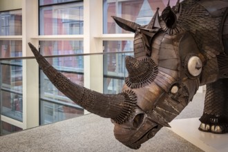 Recycled iron Rhino, Cristino Diez, Museo de la evolución humana, MEH, Burgos, Spain, Europe