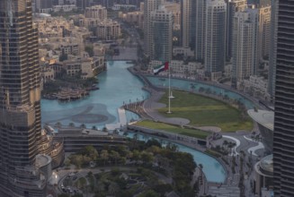 A picture of the Burj Khalifa Park and Lake as seen from above