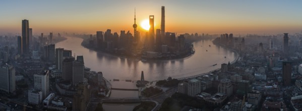 Panoramic Aerial View of Shanghai Skyline at Sunrise. Lujiazui Financial District. China