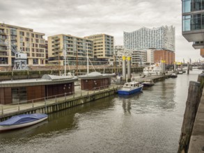 View of the harbour with various boats, modern buildings and the Elbe Philharmonic Hall in cloudy