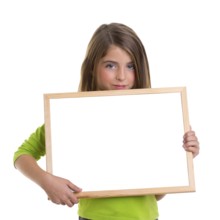 Child girl with white frame copy space white blackboard blue eyes to camera