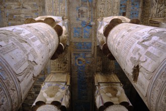 Colonnade at Hypostyle Hall of Temple of Hathor. Columns are decorated with reliefs and