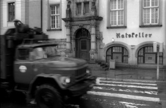 Germany, Eberswalde, 25.03.1992, Town hall with lorry of the Soviet Army in Eberswalde, (CIS),
