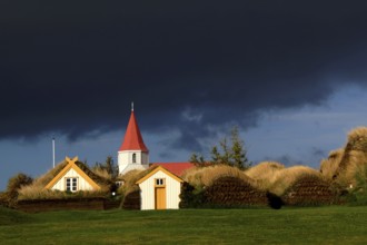 Iceland, Glaumbaer church and village view, Glaumbaer, Iceland, Europe