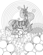 Beautiful Unicorn In Flower Fields Looking Front Colorless Line Drawing