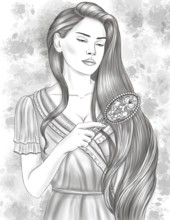Woman In Gown Standing Greyscale Line Drawing Combing Beautiful Hair