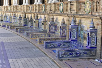 Plaza de España in Seville, Seville, Andalusia, Spain, Europe, Several artistic benches with