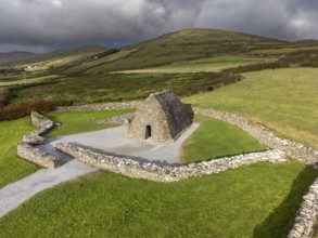 Gallarus Oratory aerial view (Séipéilín Ghallarais), early Christian church, Dingle Peninsula,
