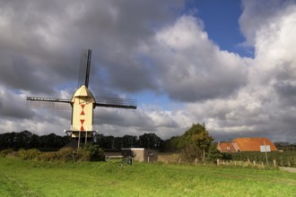 Windmill on a dike along the river Maas near the Dutch village Batenburg