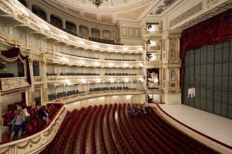 Semperoper, Dresden, Saxony, Germany, Europe, Magnificent interior of a historic theatre with red