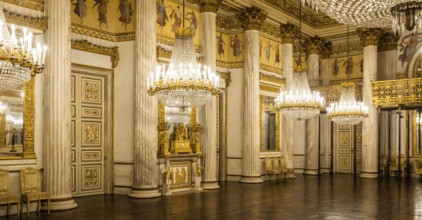 Turin, Italy, Circa January 2022: romantic old ballroom interior in Royal Palace, 1842, Europe