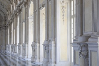 Venaria Reale, Italy, 16 July 2023: luxury gallery perspective, decorative marble, indoor, nobody,