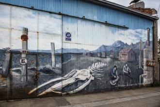 Mural with humpback whale skeleton on the beach, Punta Arenas, Chile, South America
