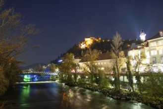 Murinsel and Schlossberg with clock tower, night shot, Graz, Styria, Austria, Europe