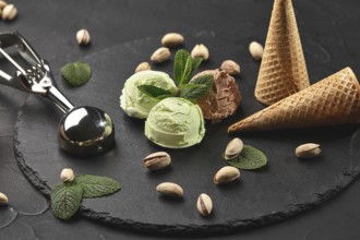 Nice chocolate and pistachio ice cream decorated with mint, waffle cones with scattered pistachios